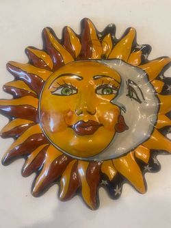 Mexican Talavera ceramic pottery sun & moon folk art wall hanging. 12 inch. Southwest / rustic .