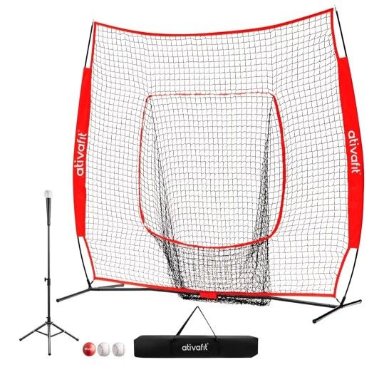 π― ATIVAFIT Baseball & Softball Practice Net β Dual Training Setup (Red, 7x7ft)