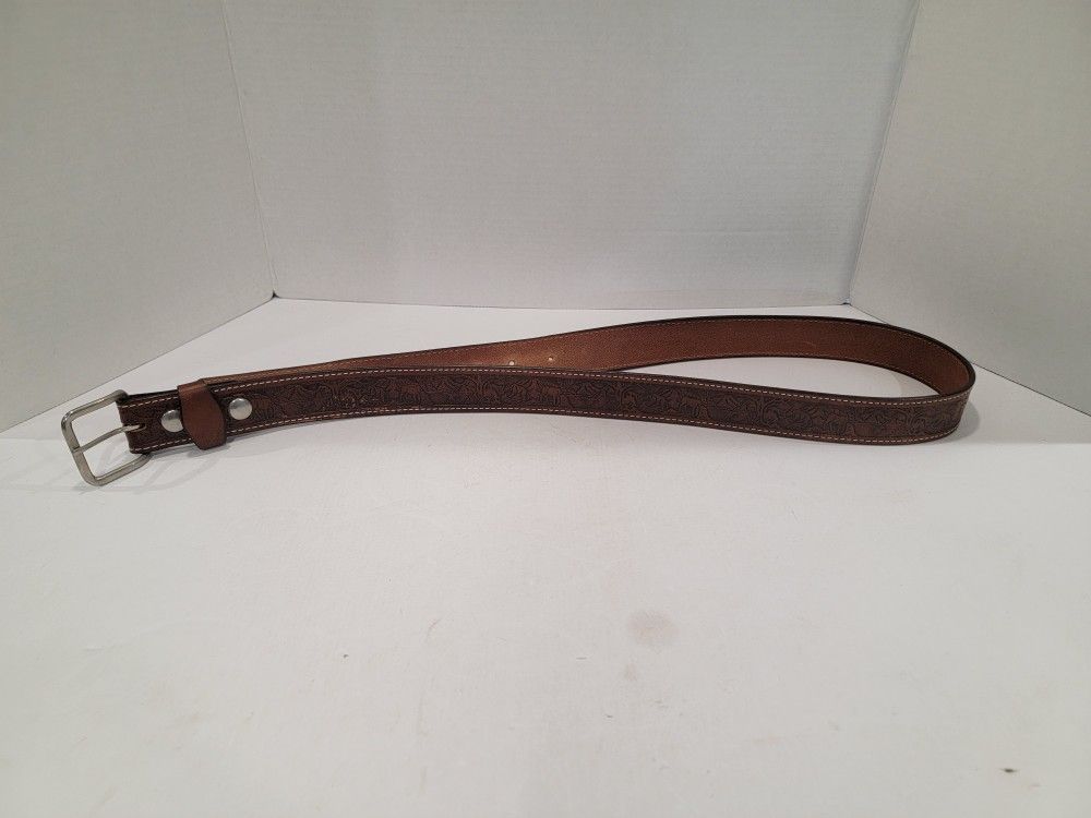 Brenneman's Leather Goods Brown Belt w/Silver Buckle Embossed Deer Hunt Size 44
