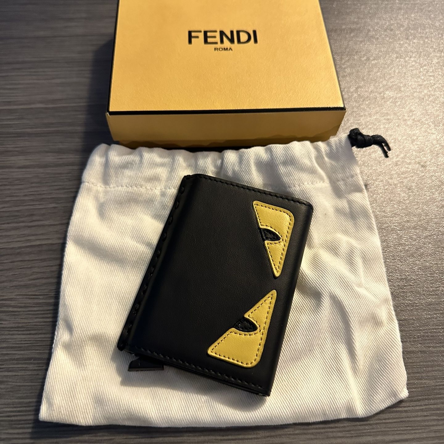 Fendi FF Forever Card Holder Black & Yellow Slide Out Bag Bugs