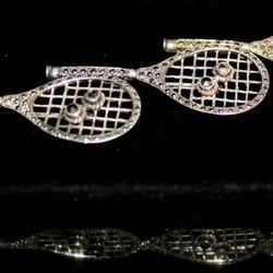 Set of Three Solid Marcasite Sterling Silver Tennis Racket Brooch's Total Weight Of 19.8 Grams, 2.5" Long