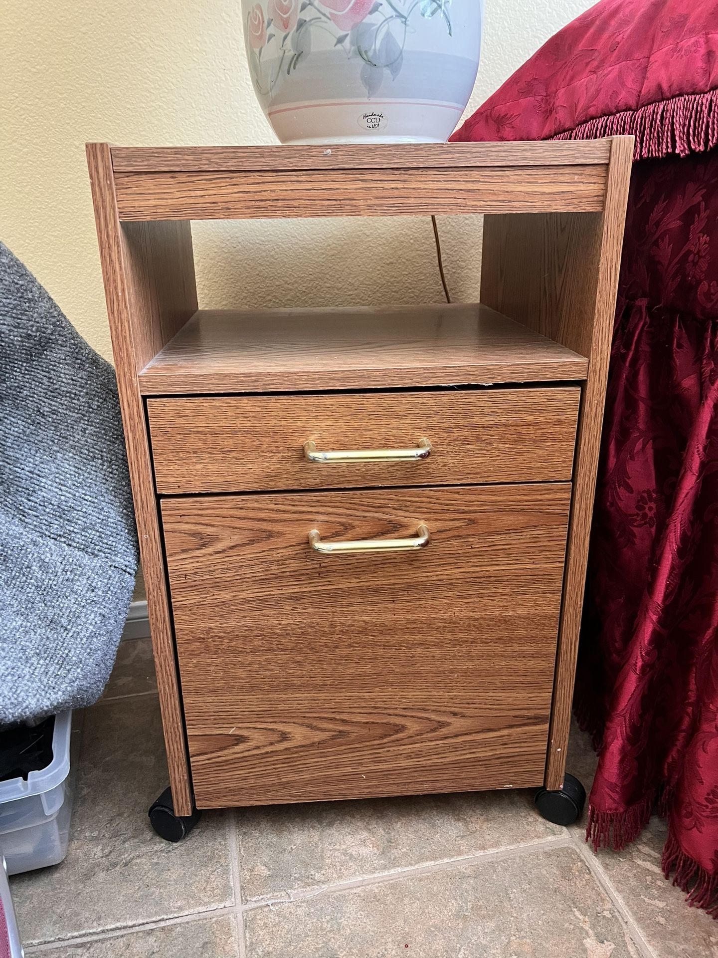 Brown Rolling Side Table With Drawers