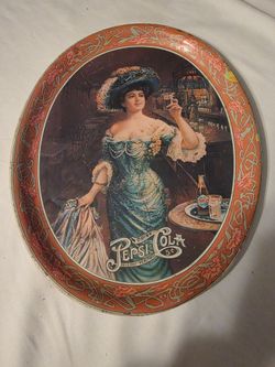 Vintage PEPSI COLA tin metal oval tray Victorian Lady, 1973
