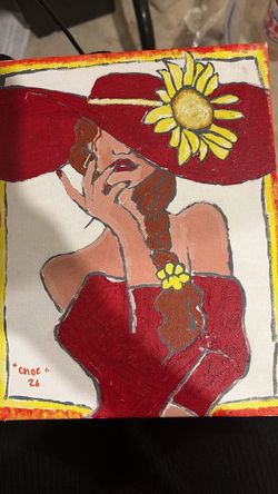 Original Acrylic Painting Woman with Sunflower Hat