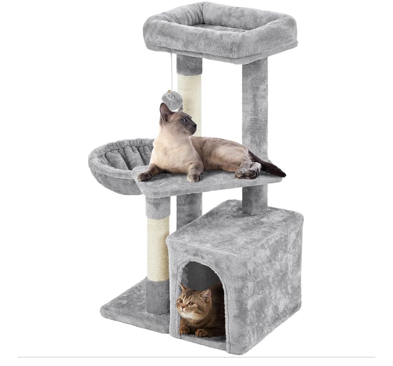 Cat Tree, Multi Level Climbing Tower for Indoor Cats, Pet Activity Center Scratching Post Indoor Furniture Bed with Basket for Kittens, Light Gray