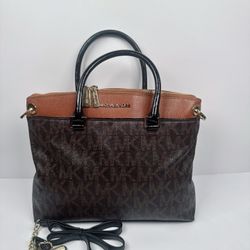 Michael Kors Aubrey Brown Leather MK Signature Satchel Bag