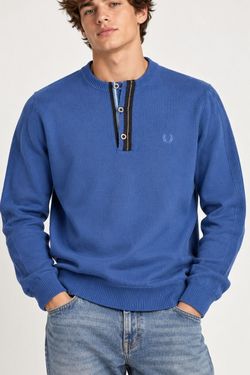 Fred Perry Mens Blue Mock Button Up Knit Pullover Made in Italy Size L NWT