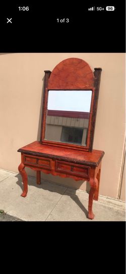 Antique Wood Vanity Table with Mirror
