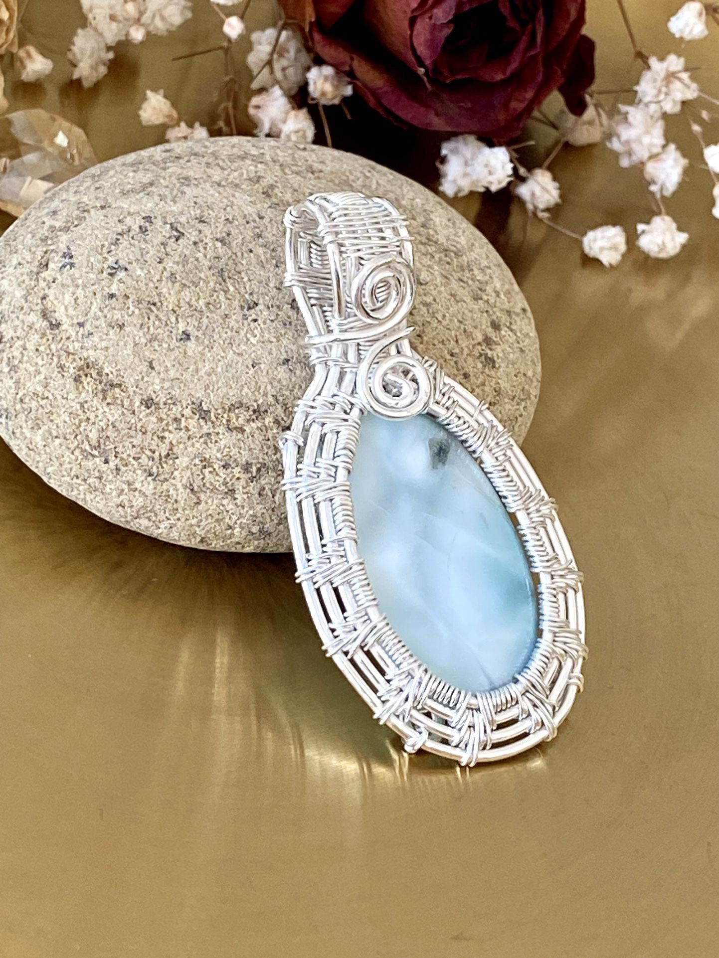 Genuine Larimar 925 Sterling Silver Overlay Wire Wrapped Pendant