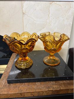 Set of 2 vintage Smith Moon & Stars Amber glass pedestal compote ruffled candy dish
