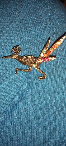 Vintage Gold Roadrunner Brooch with Rhinestones and Jeweled Eye