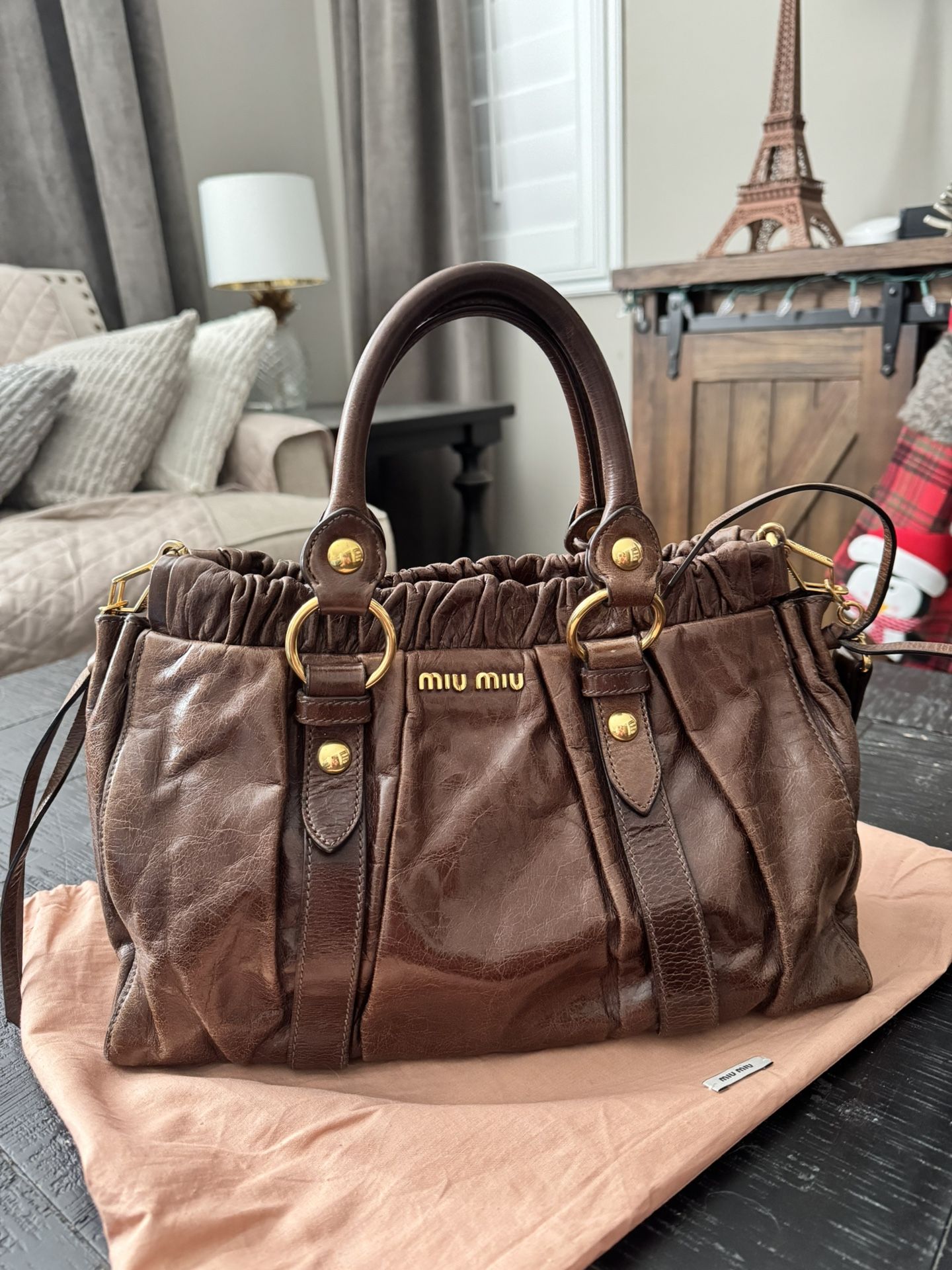 Miu Miu Dark Brown Leather Shoulder Bag with Gold Accents