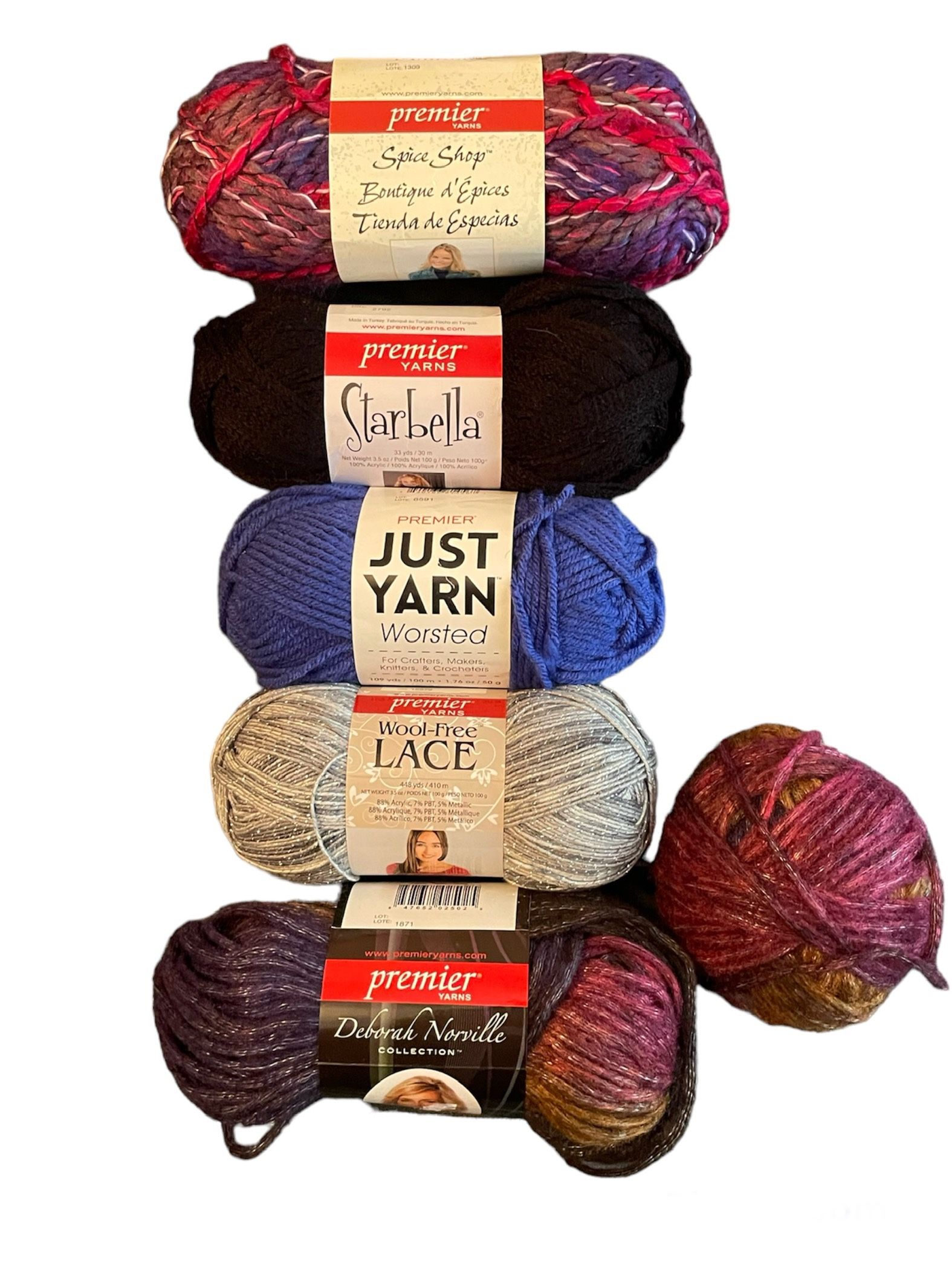 Premier yarns, assorted colors, 6 knitting crochet yarns, NEW.