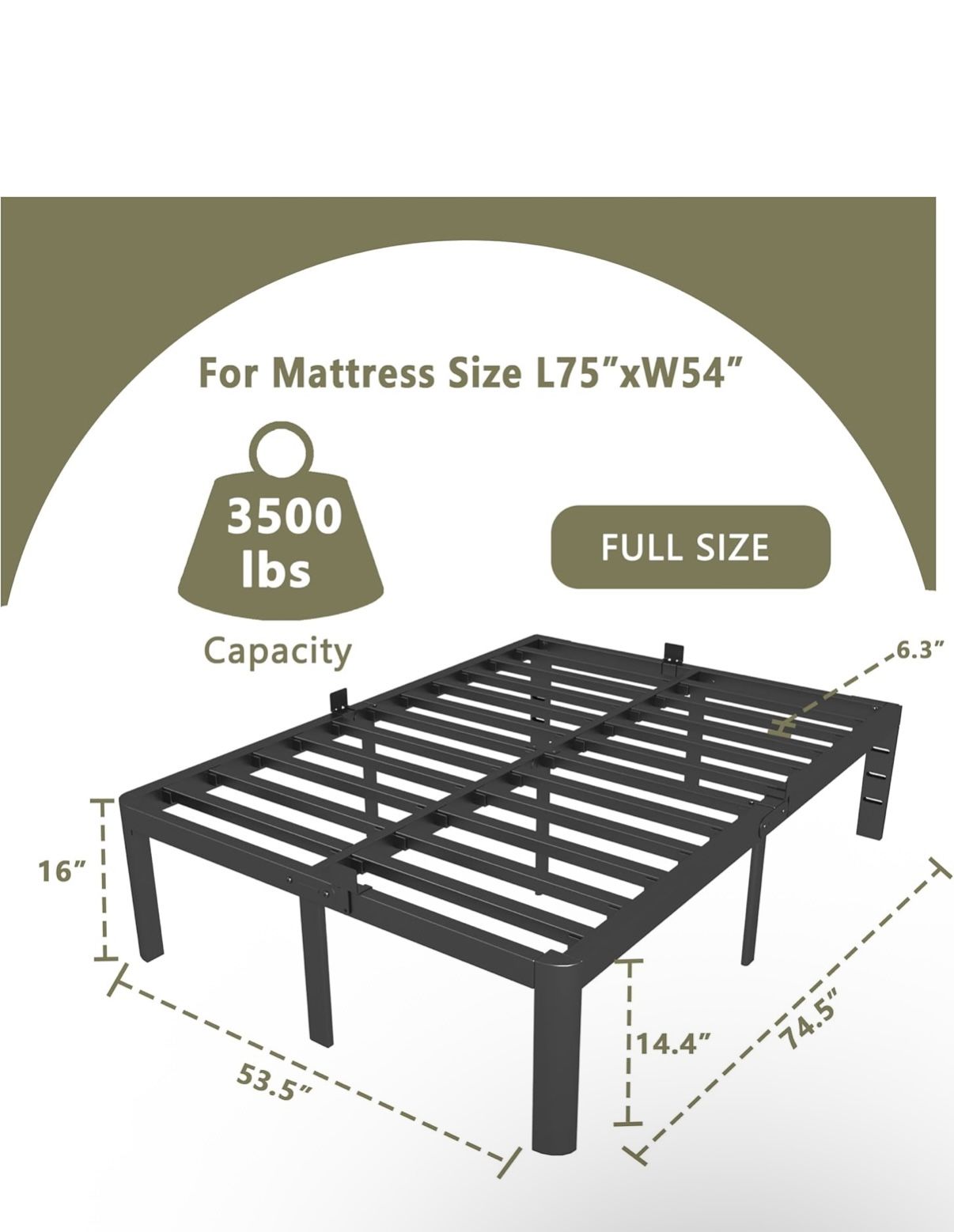 New ITIMIDI Full Size Bed Frame 16 Inch High, Safety Design with Rounded Corner Legs. Holds 3500 Lbs. Russell/Boulder Area.