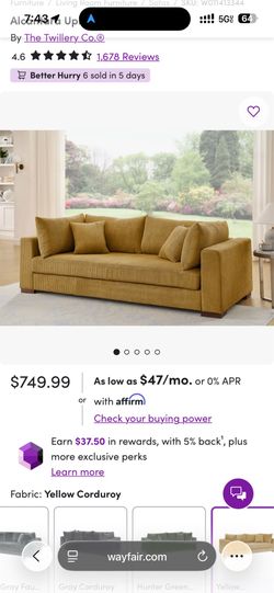 Modern Yellow Corduroy Sofa – Barely Used – Excellent Condition – $350 OBO