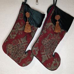2 XL Tapestry & Velvet Red Green Gold Trim & Tassels Christmas Stockings 22"