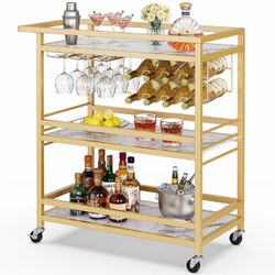 New Leteuke Bar Cart for Home, 3 Tier Gold Serving Rolling Carts with Wheels