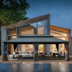 14' X 24' Hardtop Gazebo, Upgraded Metal Gazebo with Drainage System, Dual-Layer Galvanized Steel Roof, Curtain and Netting, Outdoor Shelter Canopy fo