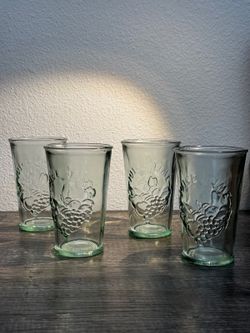 Juice Time Green Recycled Glass Tumblers Set of 4 Embossed Fruit 10 oz Spain