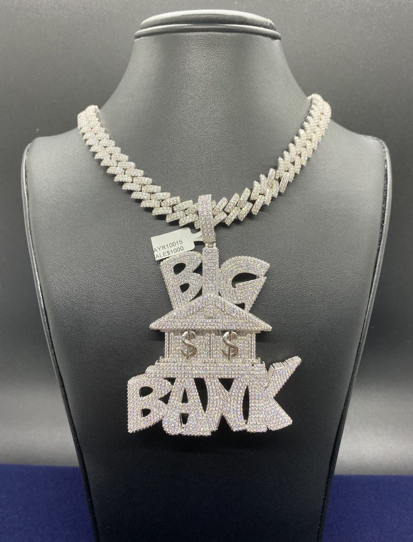 14kt White Gold Finish Custom BIG BANK Charm & Cuban Link Chain