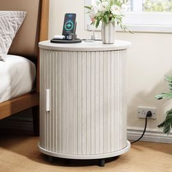 Round End Table with Charging Station, Mid Century Bedside Table with Sliding Door & 2 Tier Storage, Modern Nightstand for Living Room, Home, Natural 