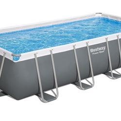 Bestway Power Steel 18' x 9' x 48" Rectangular Metal Frame Above Ground Swimming Pool Set 