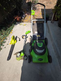 Plug in electric lawn mower combo leaf blower  string trimmer