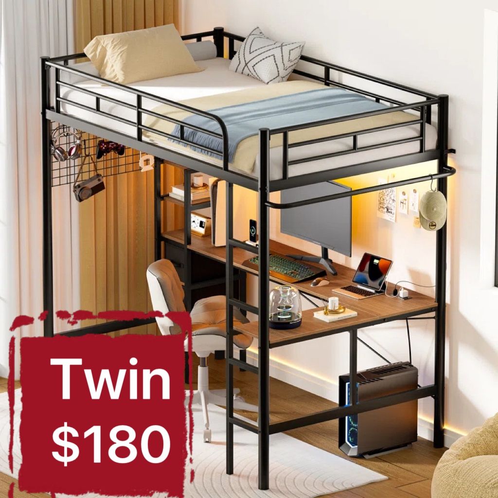 Twin Metal Loft Bed with L-Shaped Desk, Loft Bed Frame with Charging Station, Storage Bed with 2 Drawers & Open Shelf, Safety Guard & Ladder