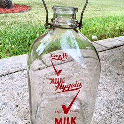 Vintage Hygeia Quality ‘Chekd’ Milk Bottle Glass Jug w/Wire Handle - (Rare 1 Gallon Size)