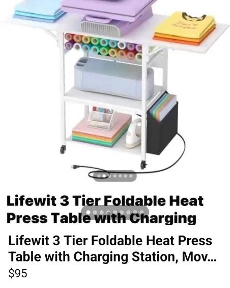 Lifewit 3 Tier Foldable Heat Press Table with Charging Station, Movable Heavy Duty Heat Transfer Mac