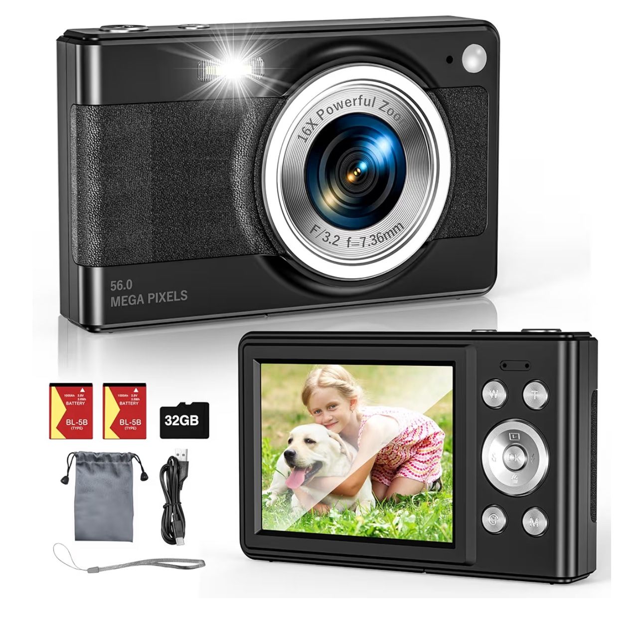 New-Upgrade Digital Camera, 56MP FHD 1080P for Kids with 16x Zoom Anti Shake, 32GB TF Card, Two Batteries, Lanyard, Compact Small for Boys Girls (Blac