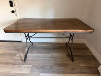 World Market Jackson dining table - acacia plank top, iron trestle base, 60 x 36