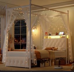 Canopy Bed Frame with LED Lights & Charging Station – Metal Platform Bed, 2 Shelves, USB/Type-C Ports, Dimmable Light, Heavy-Duty
