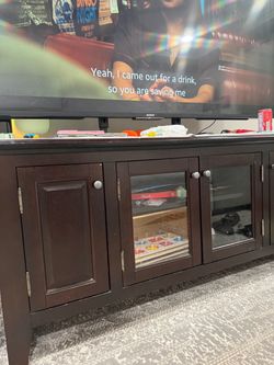 Dark Wood TV Stand with Glass Doors