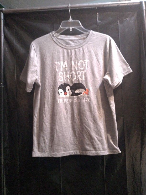 Women's Junior Gray T-SHIRT. Funny Penguin Short Sleeve T-SHIRT.  Size Large.