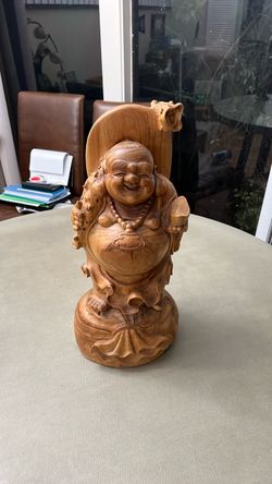 Hand-Carved Wooden Laughing Buddha Statue