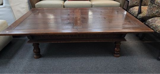 Large Dark Wood Coffee Table with Carved Apron