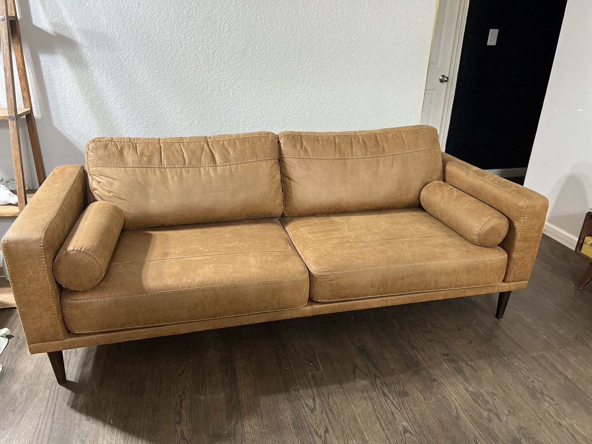 Sofa - caramel color, faux leather fabric 