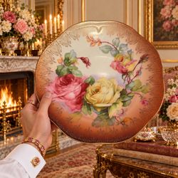 Original Vintage Fine Art Porcelain Rose Plate MIGNON Bavaria Germany c. 1900’s Real Gold Decor Z.S. & Co. RARE Zeh, Scherzer Cabinet Display HILLCRES