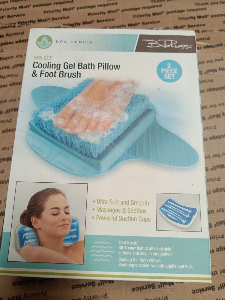   Bella Russo 2 Pieces Spa Set Cooling Gel Bath Pillow & Foot Brush New Never Opened 