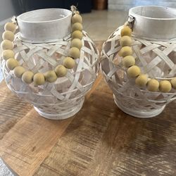 Lantern Candle Holder Beaded Handle White Rattan Wicker Coastal Nautical Beach