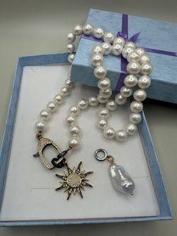 24'' White Edison Pearl Necklace – Hand-Knotted, CZ Paved Bi metal Clasp, Baroque Big Pearl Pendant, Removable Charm, Sun Pendant 10.6-11mm