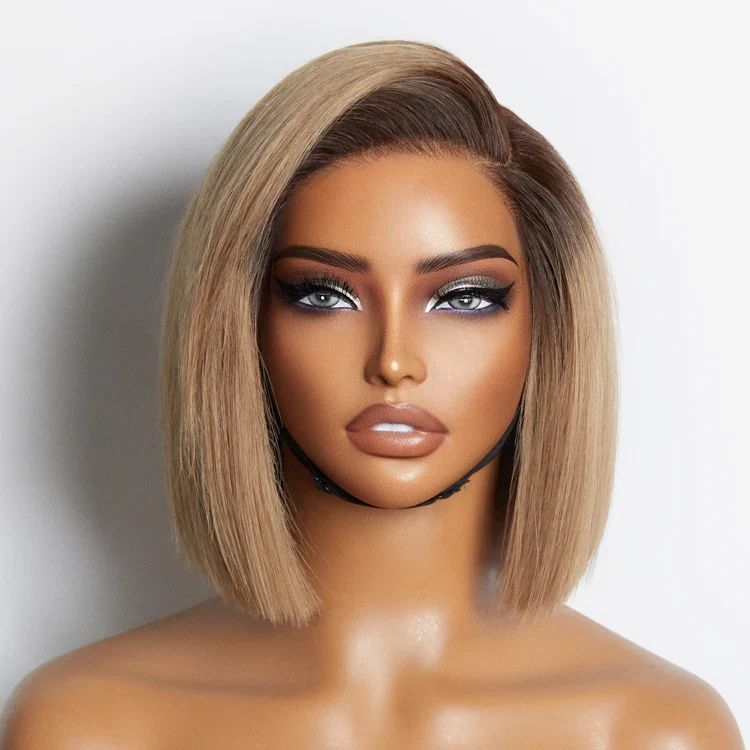 8-Inch Human Hair Ash Blonde Blown Cut Bob with Ombre Coloring