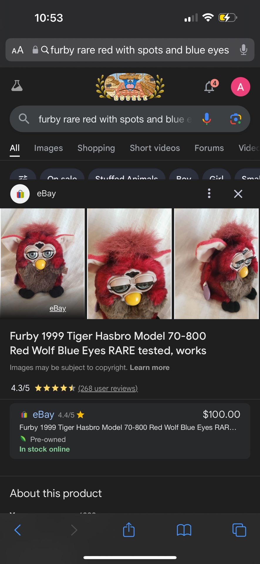 Furby 1999 Tiger Hasbro Model 70-800 Red Wolf Blue Eyes RARE tested, works
