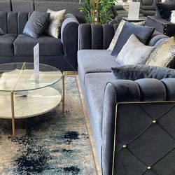 Selena Black Velvet Living Room Set / 2pc