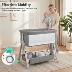 Baby Bassinet Bedside Crib,3-in-1 Baby Bassinet with Comfy Mattress & Wheel,Easy Folding Portable Bedside Bassinet for Baby with Storage,Travel Bag,Br