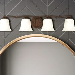 New Vanity Light - 4 Lights, Bronze, About 32” Long X 6.25” High, Satin Etched Glass Shades