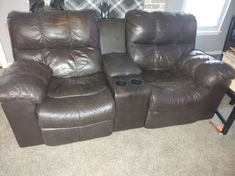 Brown Leather Reclining Loveseat with Console