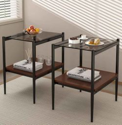 Set of 2 Rectangle Livinc Room Sofa Side Table. with BlackTempered Glass Tabletop