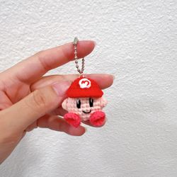 Crochet Kirby with Mario Hat Keychain/Handmade Kirby Armigurum